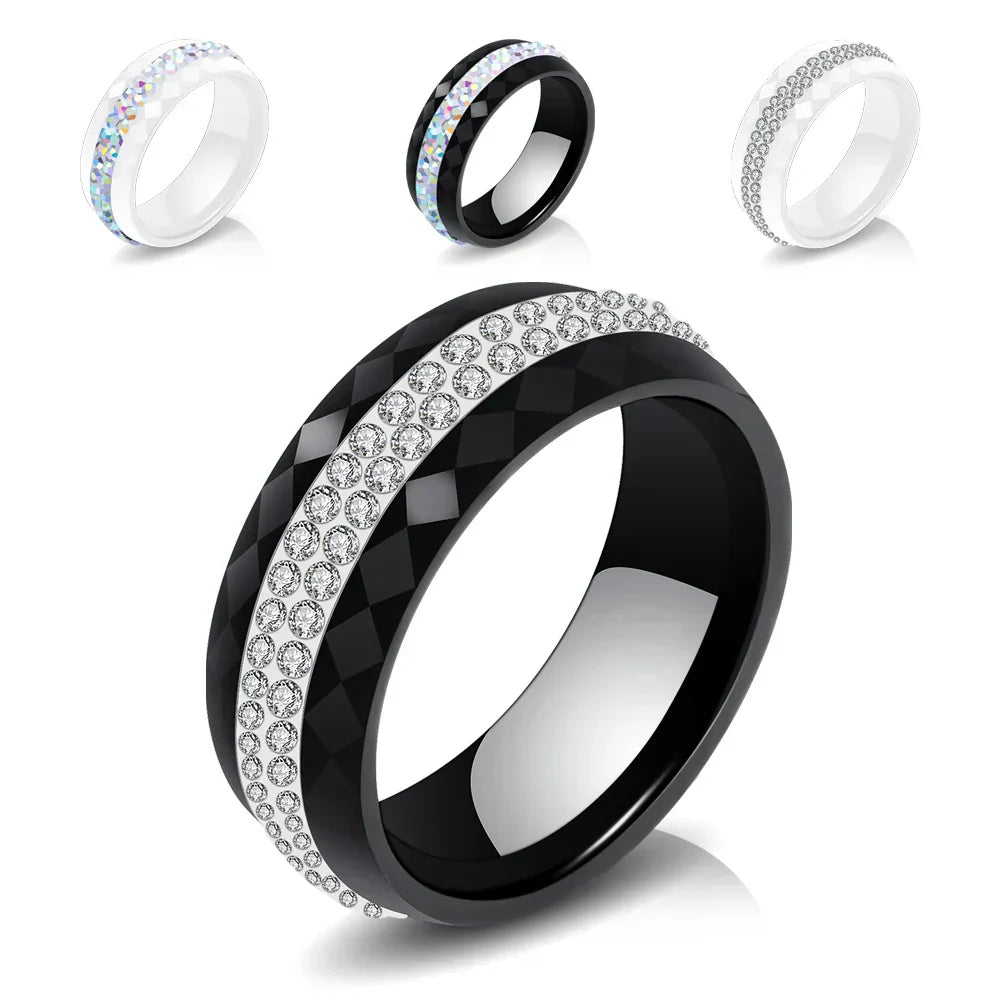 Eleganter Keramikring für Damen – Schwarz & Weiß mit Kristall