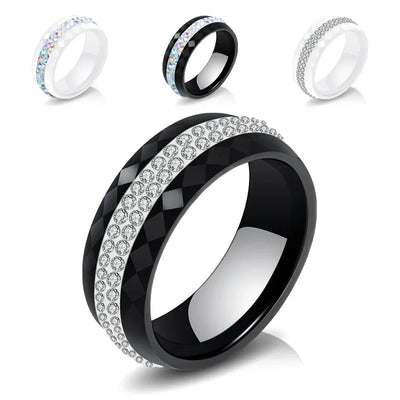 Eleganter Keramikring für Damen – Schwarz & Weiß mit Kristall