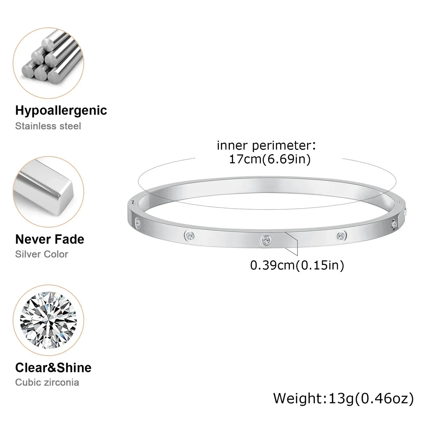 Luxurious Cubic Zircon Openable Bracelet ,Stainless Steel Round Bangle Bracelets,Charm Jewelry Gifts – Armband