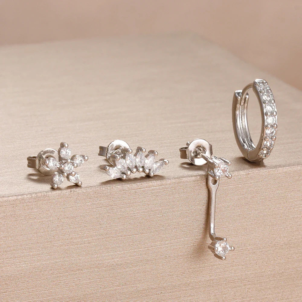 4PCS Stainless Steel Circle Huggie Hoop Earrings Set Gold Color Unique Zircon Flower Stud Earring Piercing Jewelry