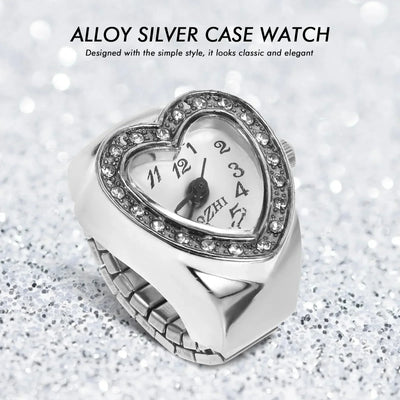 Vintage Herz Ringuhr für Damen – Retro Quarz Fingeruhr mit elastischem Armband