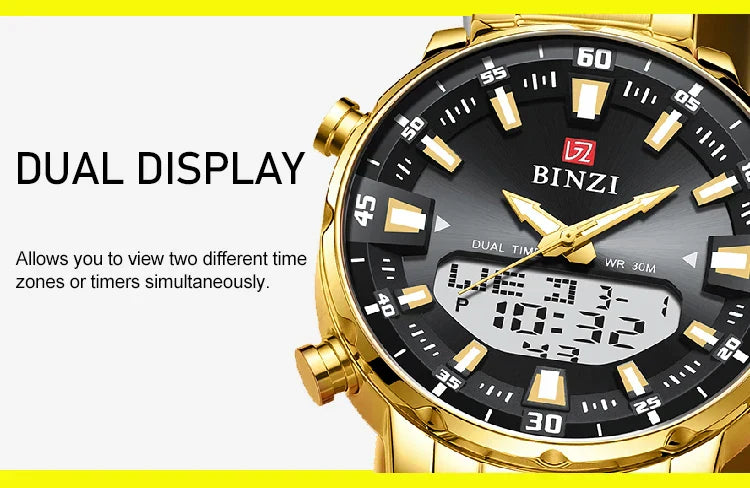 Luxus Herren-Armbanduhr 2025 – Goldene Edelstahluhr mit Dual Display | Relogio Masculino
