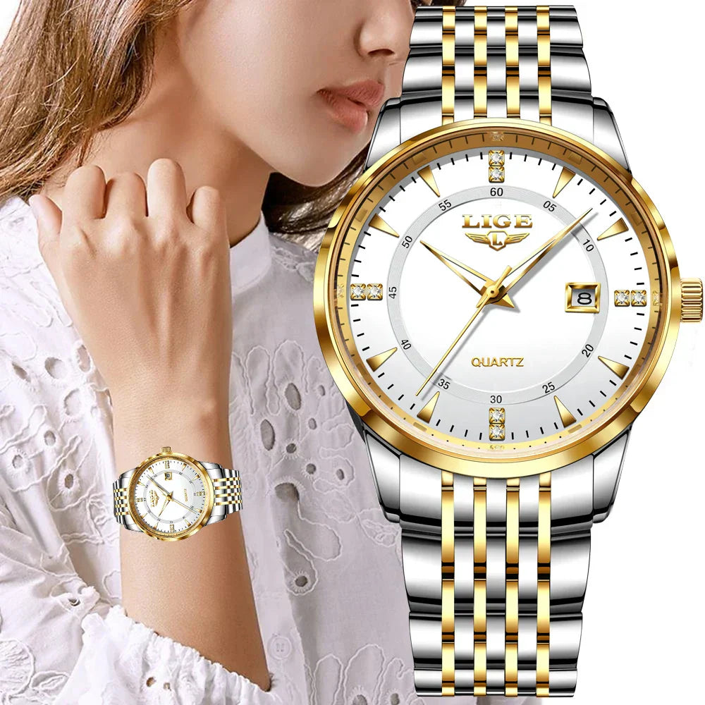 LIGE Damen Quarzuhr – Goldene Edelstahl Armbanduhr mit Luminous Zeigern, Stopuhr, Wasserfest, Auto-Datum – Luxus Armbanduhr für Damen