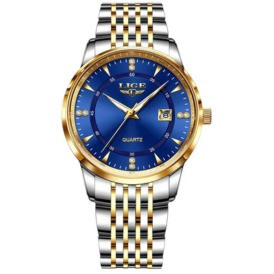 LIGE Damen Quarzuhr – Goldene Edelstahl Armbanduhr mit Luminous Zeigern, Stopuhr, Wasserfest, Auto-Datum – Luxus Armbanduhr für Damen
