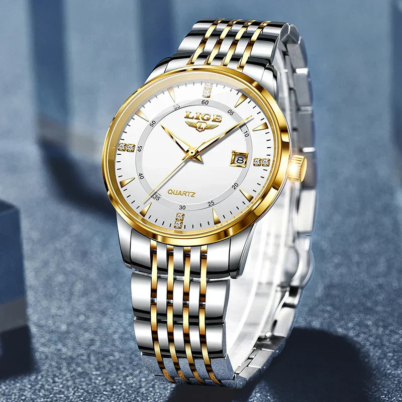 LIGE Damen Quarzuhr – Goldene Edelstahl Armbanduhr mit Luminous Zeigern, Stopuhr, Wasserfest, Auto-Datum – Luxus Armbanduhr für Damen