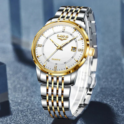 LIGE Damen Quarzuhr – Goldene Edelstahl Armbanduhr mit Luminous Zeigern, Stopuhr, Wasserfest, Auto-Datum – Luxus Armbanduhr für Damen