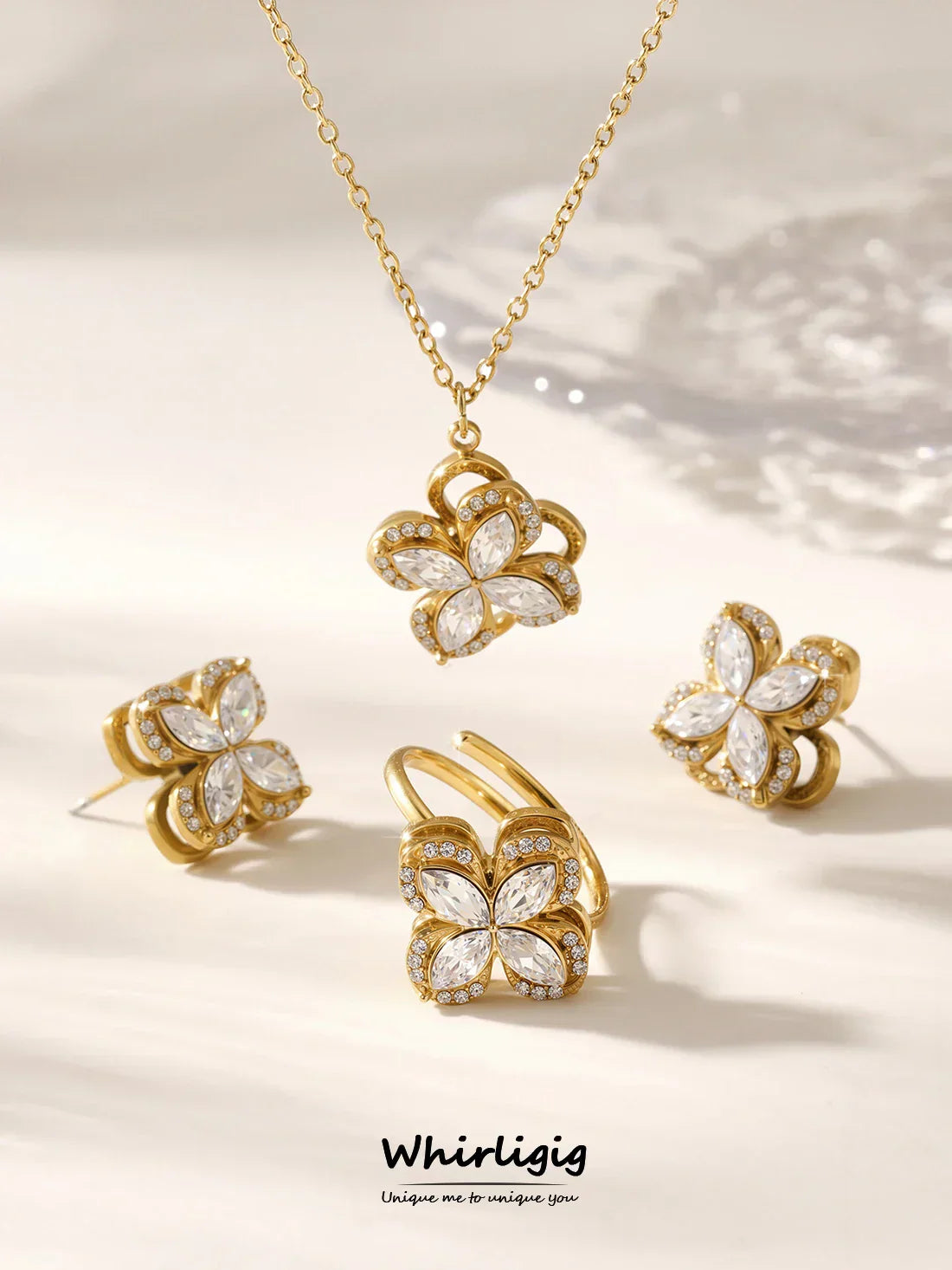 Gorgeous Zircon Necklace Earrings Ring Revolving Flower Pendant Gold Plated Chain Stainless Steel Charm Jewelry Gift
