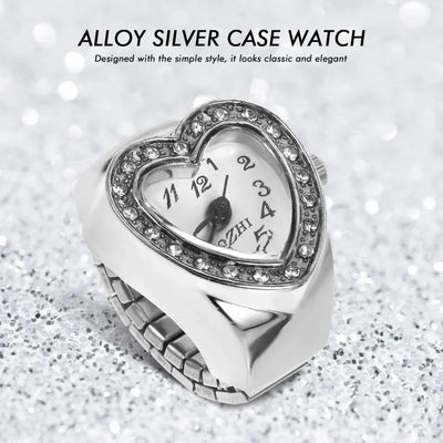 Vintage Herz Ringuhr für Damen – Retro Quarz Fingeruhr mit elastischem Armband