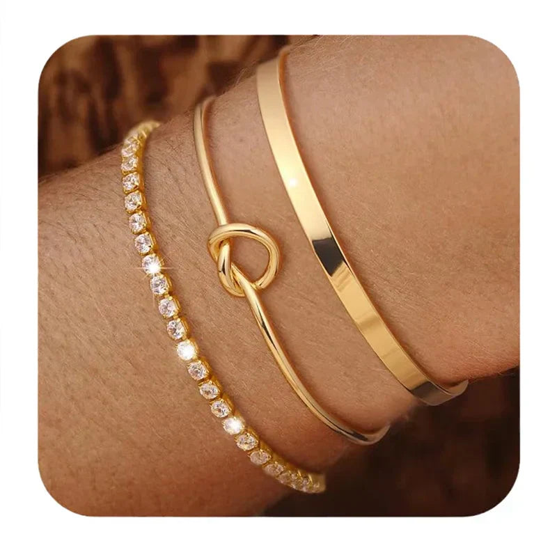 3pcs Stainless Steel Gold Plated Bracelets Adjustable Jewelry Gifts Luxury Zircon Chain Bangles Jewelry Accessories – Halskette