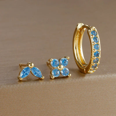 3PCS Stainless Steel Gold Color Circle Hoop Earrings Set Simple Zircon Flower Stud Earring Cartilage Piercing Jewelry