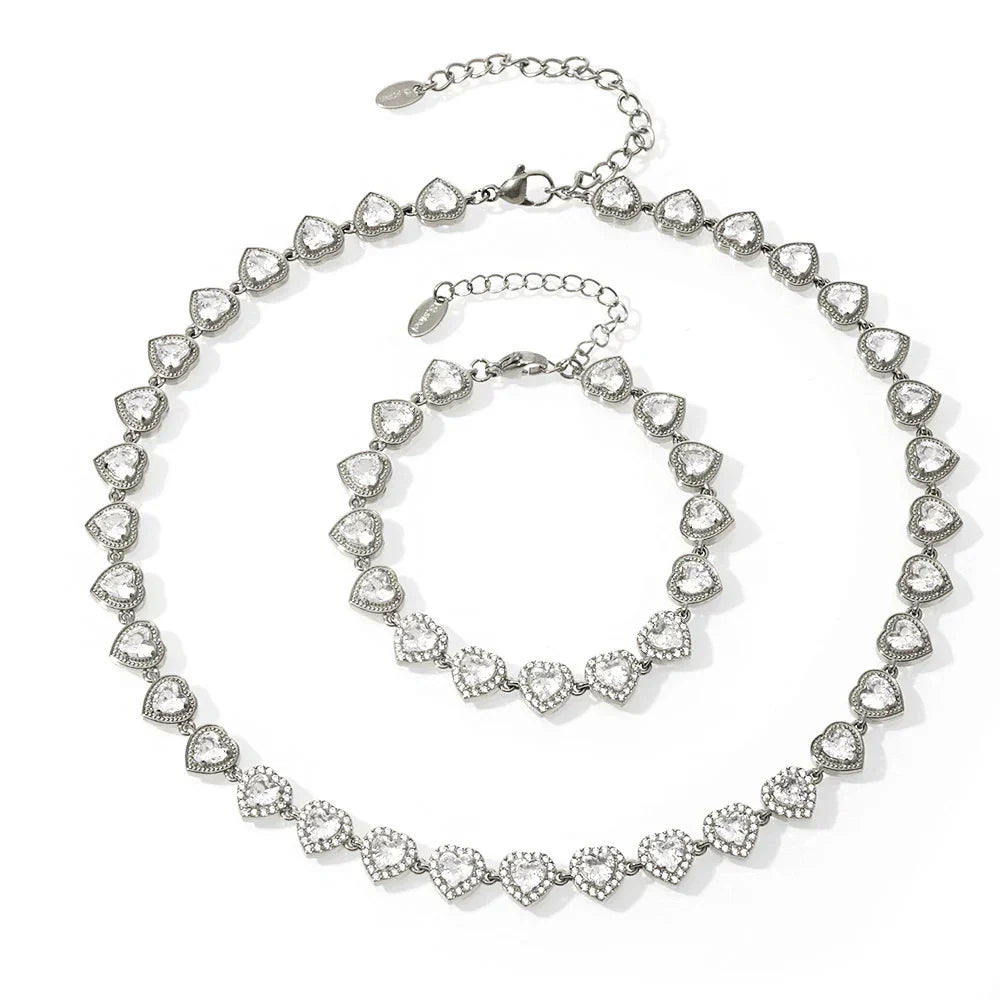 Trendy Stainless Steel Cuban Chain Necklace Bracelet White Zircon Inlaid Luxury Charm Bangle Jewelry Gift – Halskette