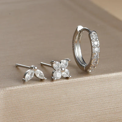 3PCS Stainless Steel Gold Color Circle Hoop Earrings Set Simple Zircon Flower Stud Earring Cartilage Piercing Jewelry
