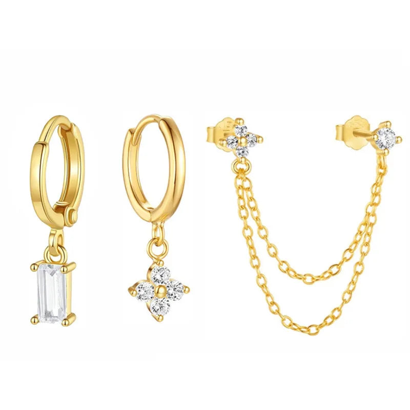 3PCS Fashion Four Zircon Flower Hoop Earring Set Stainless Steel Double Stud Chain Tassel Huggie Piercing Jewelry