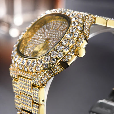 Luxus "Iced Out" Quarz-Armbanduhr für Herren – Edelstahl, Stoßfest, Wasserdicht