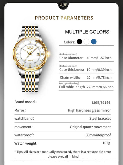 LIGE Damen Quarzuhr – Goldene Edelstahl Armbanduhr mit Luminous Zeigern, Stopuhr, Wasserfest, Auto-Datum – Luxus Armbanduhr für Damen
