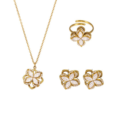 Gorgeous Zircon Necklace Earrings Ring Revolving Flower Pendant Gold Plated Chain Stainless Steel Charm Jewelry Gift