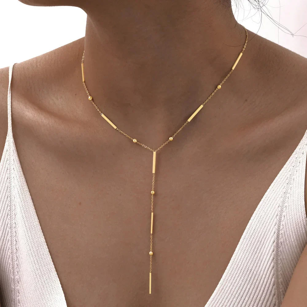 Beaded Long Chain Y Shape Necklace , Minimalist Drop Bar Pendant Choker Necklaces, Clavicle Chain Jewelry – Halskette