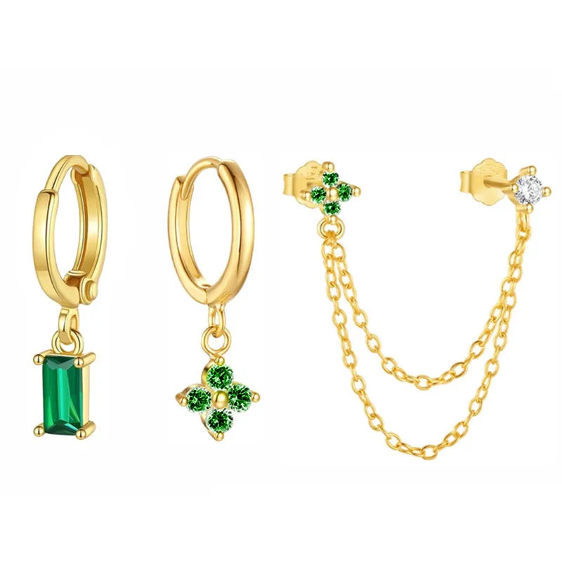 3PCS Fashion Four Zircon Flower Hoop Earring Set Stainless Steel Double Stud Chain Tassel Huggie Piercing Jewelry
