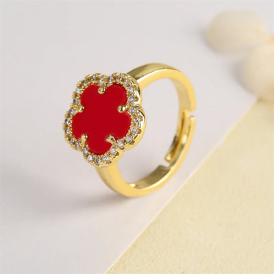 Blumenförmiger Einstellbarer Ring mit Emaille-Inlay und Zirkonia
