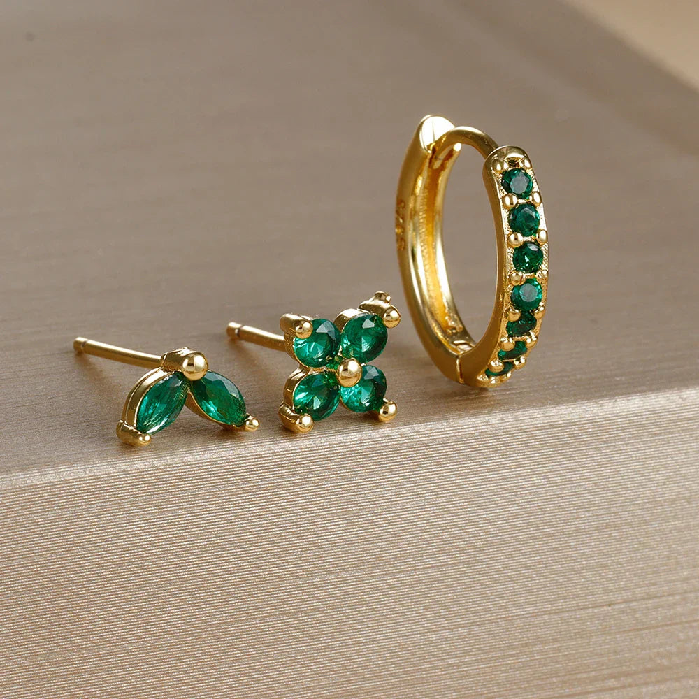3PCS Stainless Steel Gold Color Circle Hoop Earrings Set Simple Zircon Flower Stud Earring Cartilage Piercing Jewelry