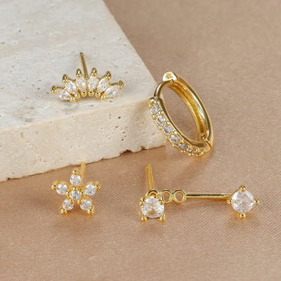 4PCS Stainless Steel Circle Huggie Hoop Earrings Set Gold Color Unique Zircon Flower Stud Earring Piercing Jewelry