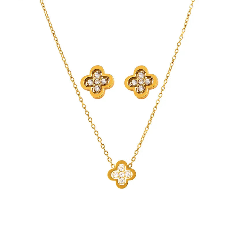 Liora Exquisite Luck Clover Zircon Stainless Steel Drop Pendant Chain Necklaces Stud Earrings Charm Wedding Jewelry