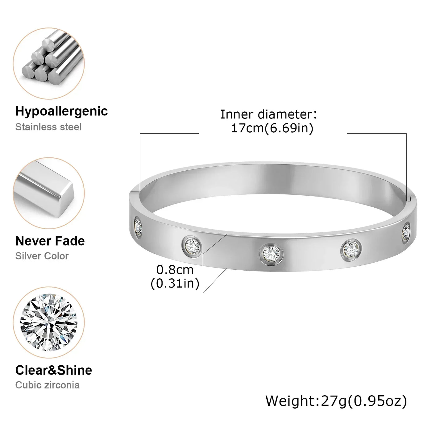 Luxurious Cubic Zircon Openable Bracelet ,Stainless Steel Round Bangle Bracelets,Charm Jewelry Gifts – Armband