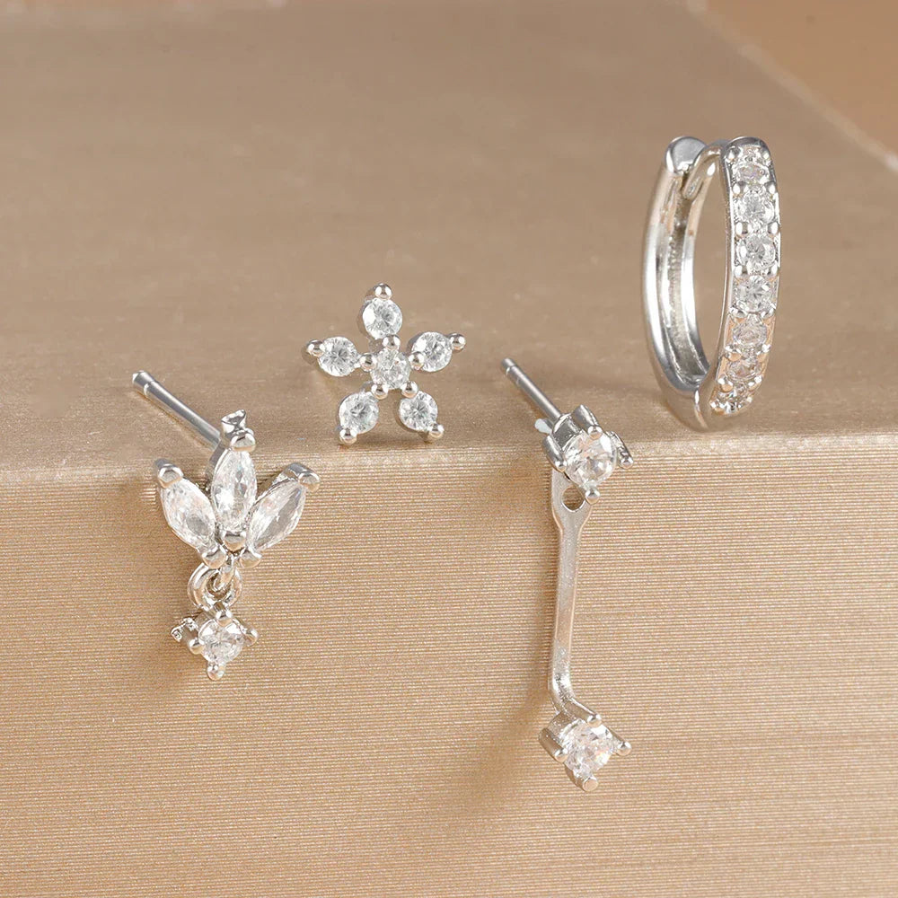 4PCS Stainless Steel Circle Huggie Hoop Earrings Set Gold Color Unique Zircon Flower Stud Earring Piercing Jewelry